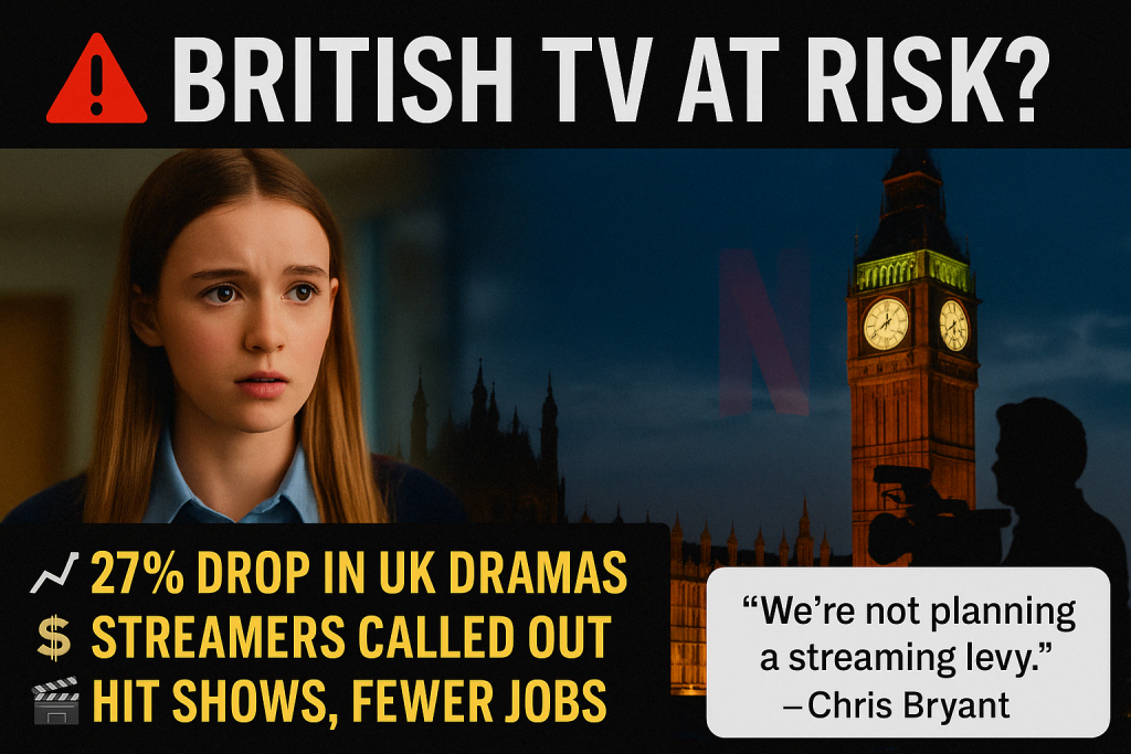 A digital news graphic split into two sections: on the left, a young British actress looks concerned, representing local drama series; on the right, the UK Houses of Parliament at night with Big Ben lit up and a faint Netflix logo in the background. Bold headline reads “British TV At Risk?” with subtext listing a 27% drop in UK dramas, streaming platform criticism, and industry job losses. A quote from Chris Bryant says, “We’re not planning a streaming levy.”