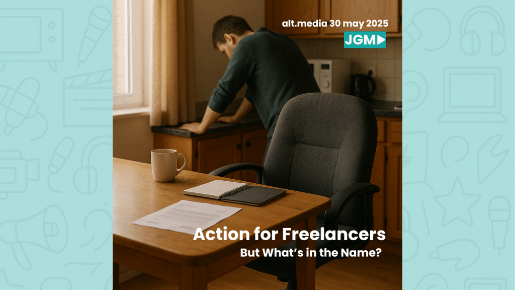 A home kitchen setup with a vacant office chair and a man leaning over a counter, symbolising the struggle and uncertainty of freelance TV jobs.