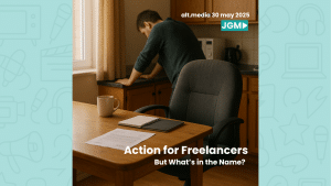 A home kitchen setup with a vacant office chair and a man leaning over a counter, symbolising the struggle and uncertainty of freelance TV jobs.