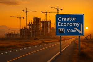 Road sign for “Creator Economy” along a highway at sunset, with cranes and half-built skyscrapers symbolizing a new city emerging in the distance.