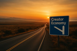 A cinematic road sign points toward the Creator Economy as a winding road leads into a sunrise-lit landscape, symbolising a new beginning for content creators.