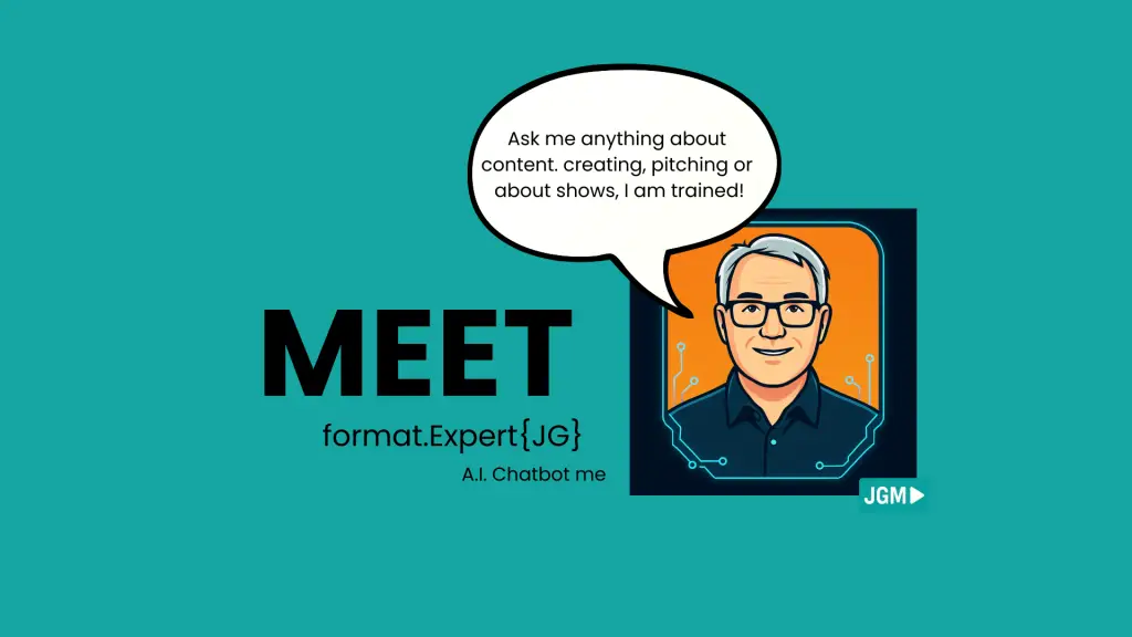 AI chatbot avatar of Jonathan Glazier, styled as a futuristic TV consultant with glowing circuit accents on an orange background – used for interactive expert Q&A on TV formats and content production.
