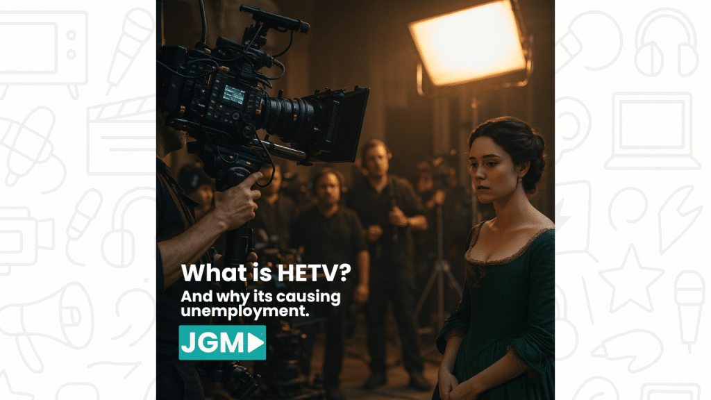 Behind the scenes on a high-end TV (HETV)drama set with camera crew and actress in costume