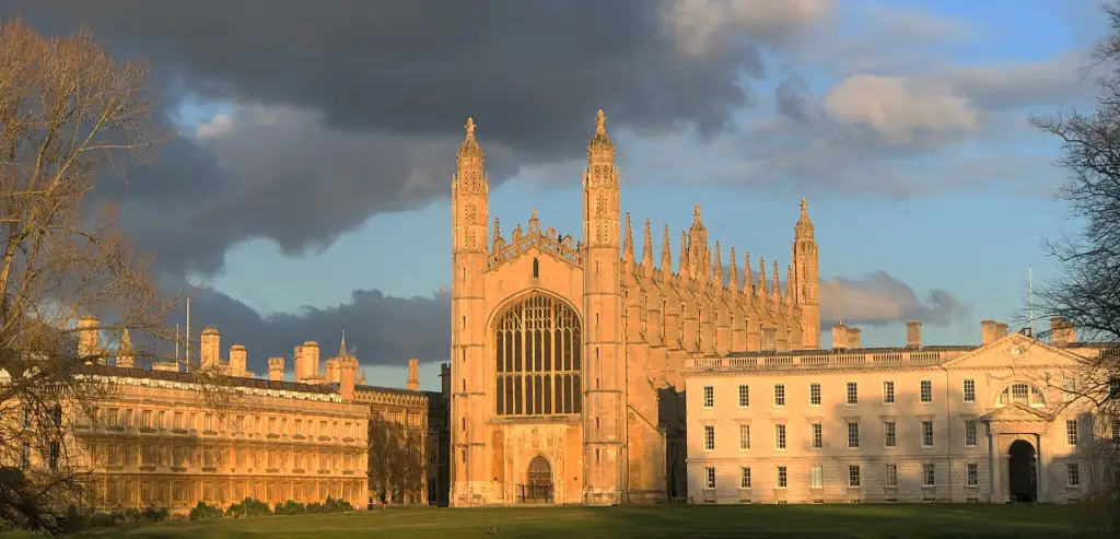 King’s College Chapel, Cambridge, viewed across the River Cam with reflections and trees in the foreground