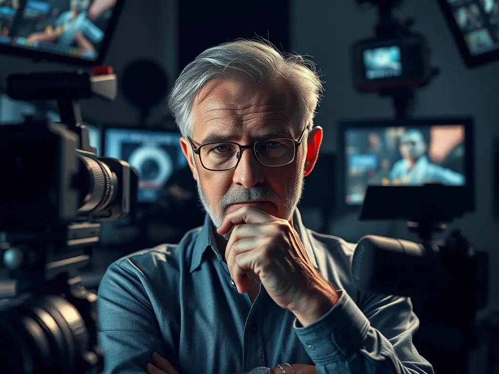 “Thoughtful older man in a media production studio, surrounded by professional cameras and multiple monitors showing live video feeds—representing experience and leadership in the media industry.”