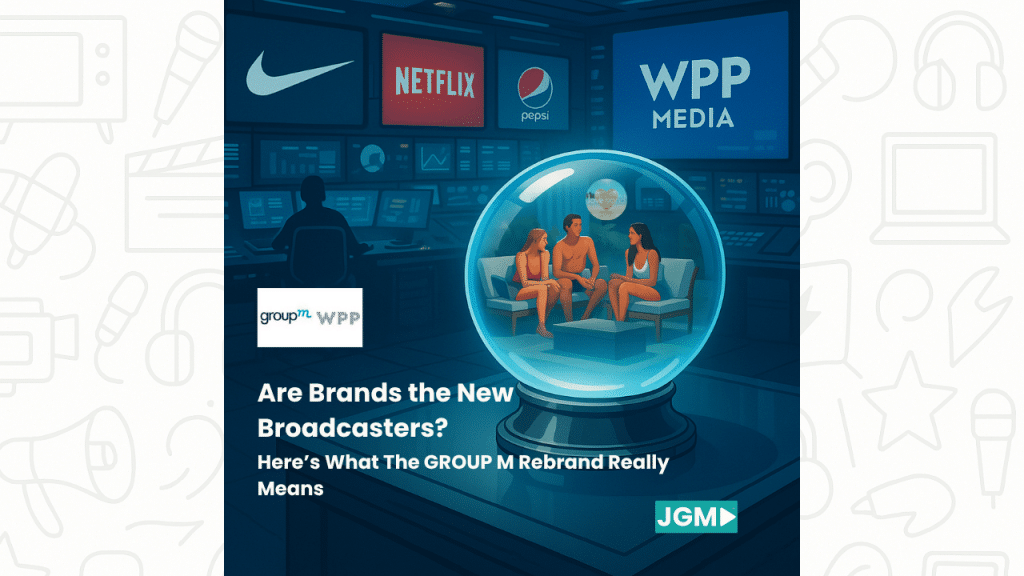 A crystal ball in a futuristic media control room shows a reality TV-style scene, surrounded by brand logos like Netflix, Nike, Pepsi, and WPP Media, illustrating the future of branded entertainment.