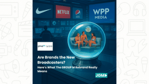 A crystal ball in a futuristic media control room shows a reality TV-style scene, surrounded by brand logos like Netflix, Nike, Pepsi, and WPP Media, illustrating the future of branded entertainment.