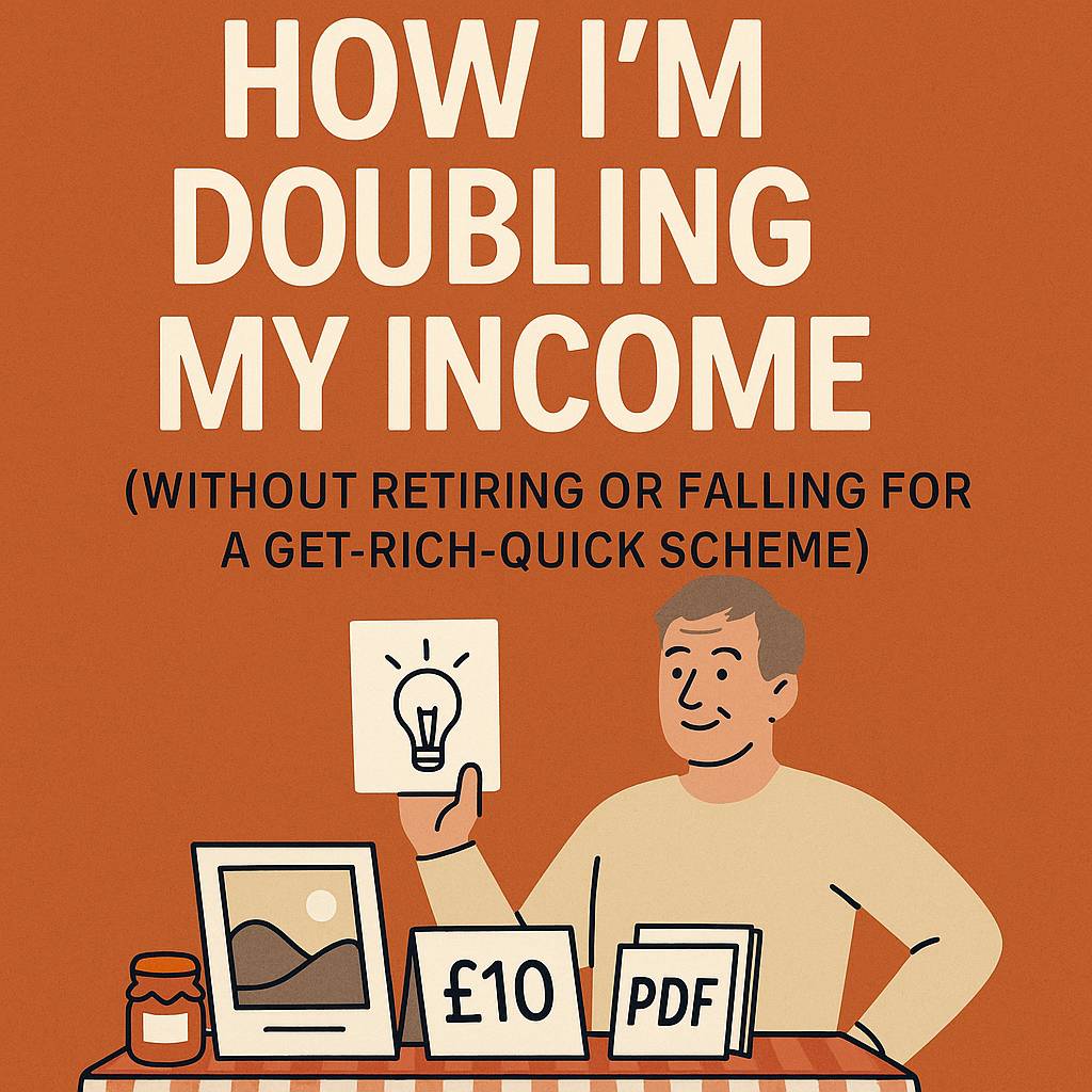Illustration of a man at a market-style table with handmade items, holding a lightbulb sign, promoting a £10 PDF guide titled ‘How I’m Doubling My Income (Without Retiring or Falling for a Get-Rich-Quick Scheme)’ – creative income after 50 concept.