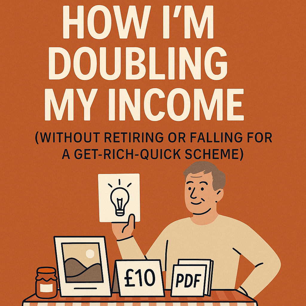 Illustration of a smiling man in his 50s holding up a lightbulb icon beside a small display labeled “£10 PDF,” under the headline “How I’m Doubling My Income (Without Retiring or Falling for a Get-Rich-Quick Scheme)”