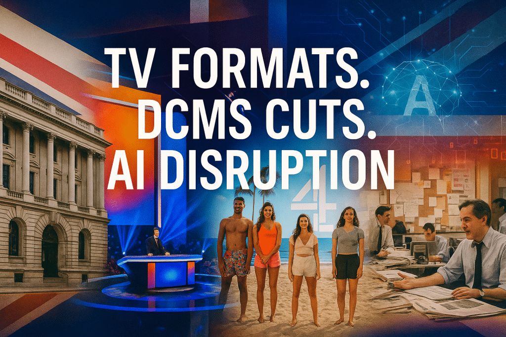 Collage showing a UK government building, a quiz show set, reality show contestants on a beach, a newsroom, and digital AI graphics, with overlay text reading “TV Formats. DCMS Cuts. AI Disruption.”
