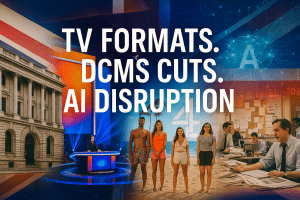 Collage showing a UK government building, a quiz show set, reality show contestants on a beach, a newsroom, and digital AI graphics, with overlay text reading “TV Formats. DCMS Cuts. AI Disruption.”