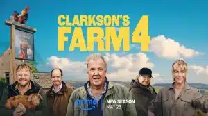 Promotional image for Clarkson’s Farm Season 4 featuring Jeremy Clarkson and main cast members standing in front of Diddly Squat Farm with a countryside backdrop.