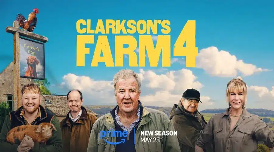 Promotional image for Clarkson’s Farm Season 4 featuring Jeremy Clarkson and main cast members standing in front of Diddly Squat Farm with a countryside backdrop.